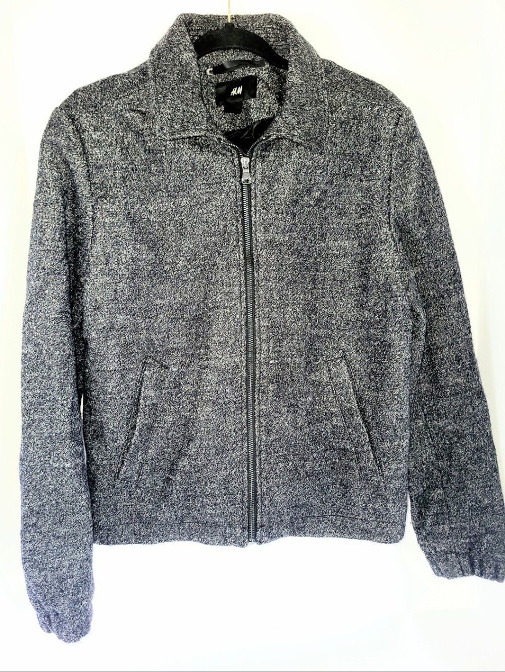 NWOT H&M Men's Charcoal Heathered Wool Blend Bomber Jacket Full Zipper Small